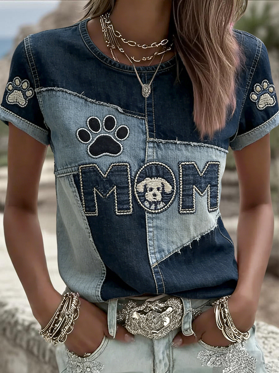 Vintage Moederdag Hond Patchwork Kunst Casual T-shirt