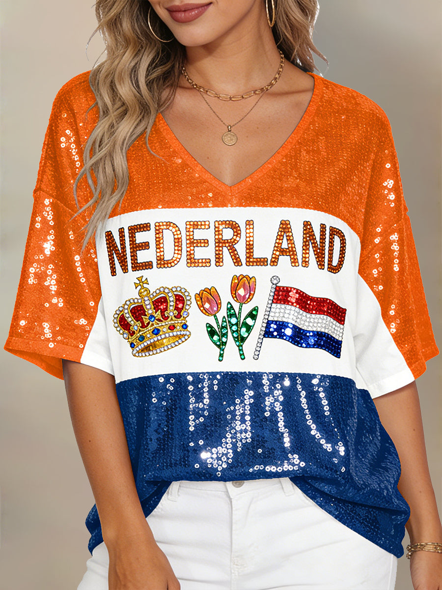 Dames T-shirt met koningsdagprint en V-hals