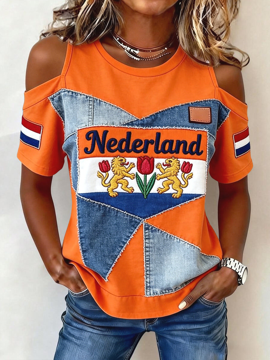 Damesretro Koningsdag patchwork casual off-shoulder t-shirt