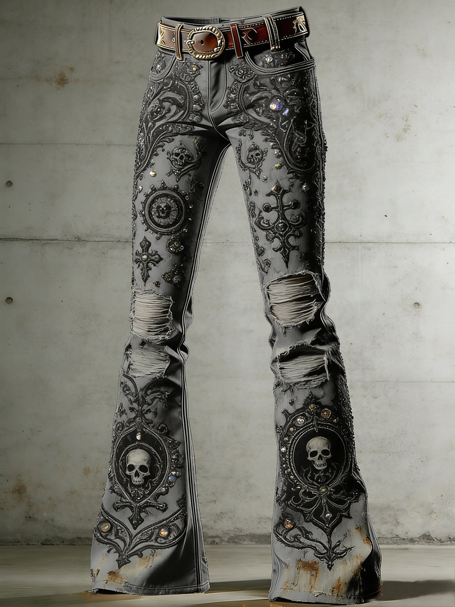 Damesgothic schedelkunstprint uitlopende broek