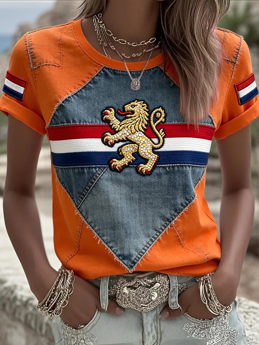 Dames vintage Koningsdag patchwork casual T-shirt
