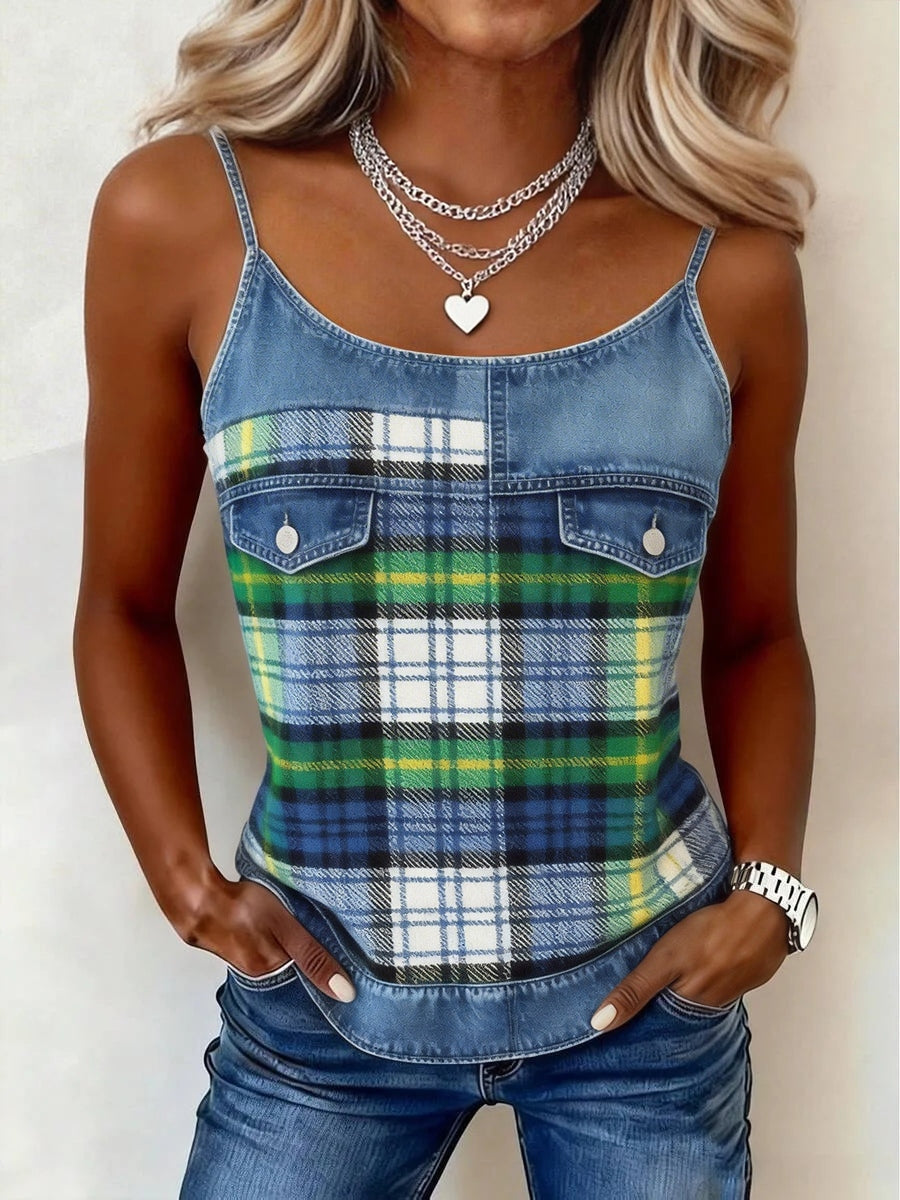 Klassiek geruite patroon denim patchwork tanktop voor dames