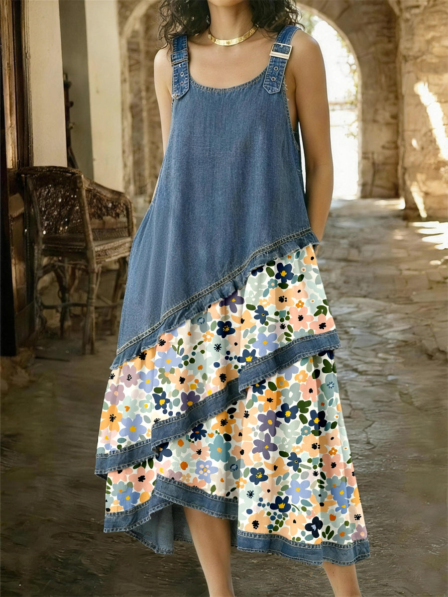 Damesjurk van denim met bloemenpatroon en patchwork