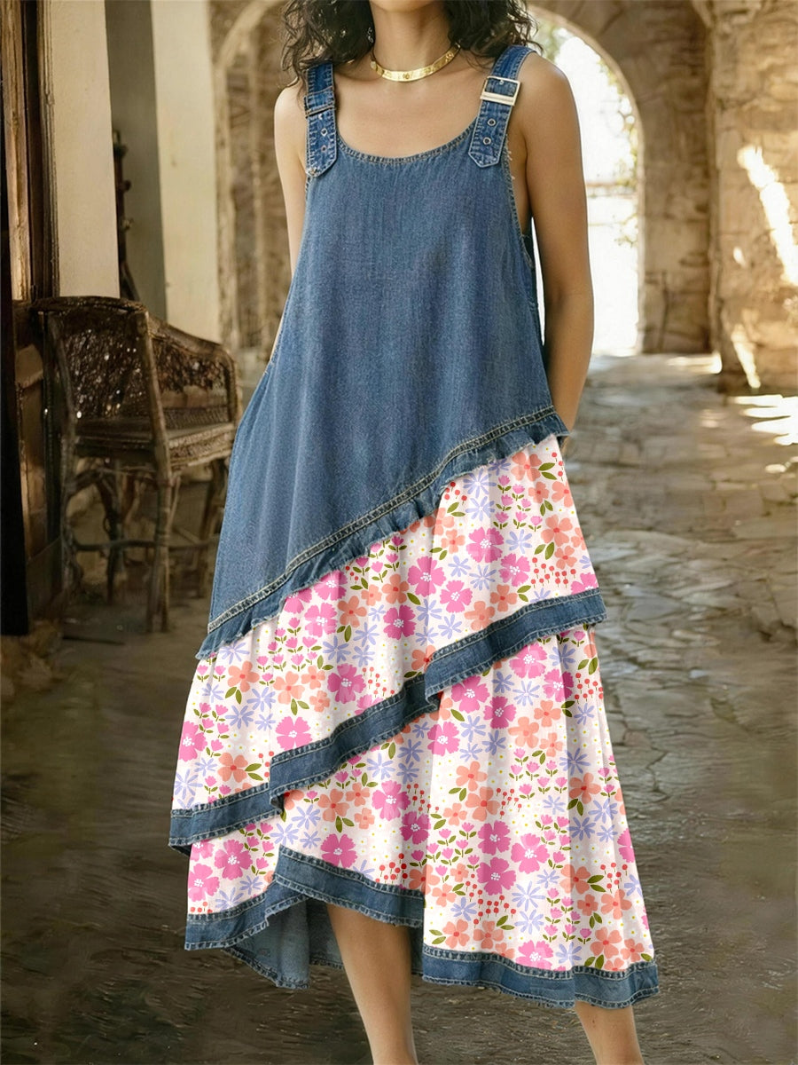 Damesjurk van denim met bloemenpatroon en patchwork