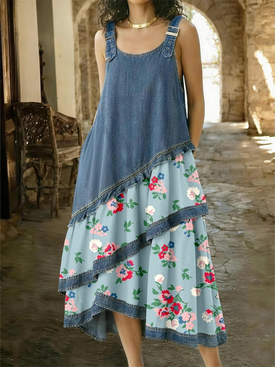 Damesjurk van denim met bloemenpatroon en patchwork