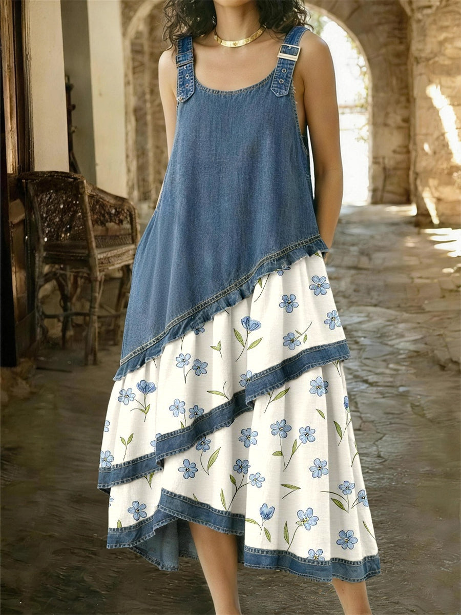 Damesjurk van denim met bloemenpatroon en patchwork