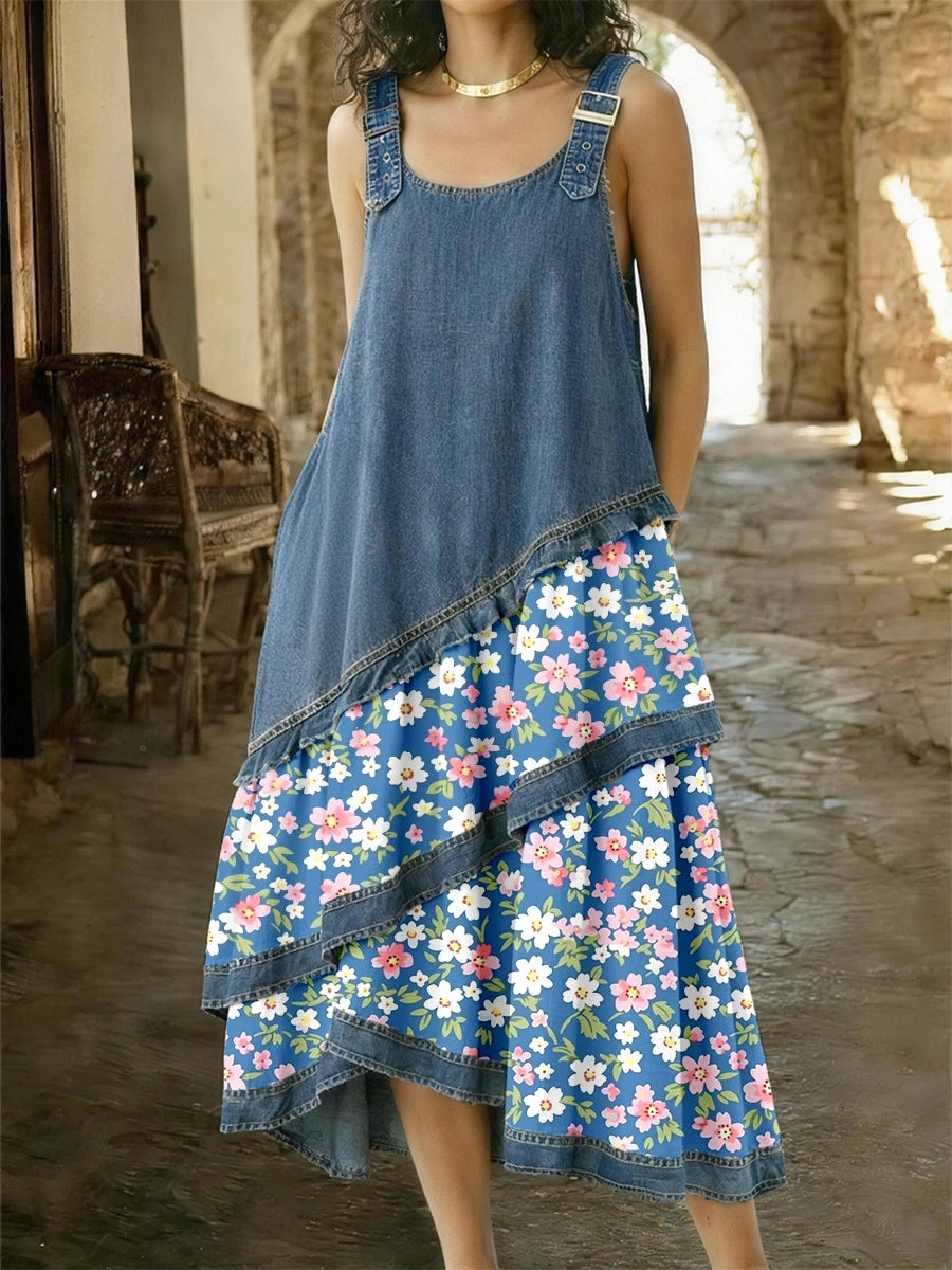Damesjurk van denim met bloemenpatroon en patchwork