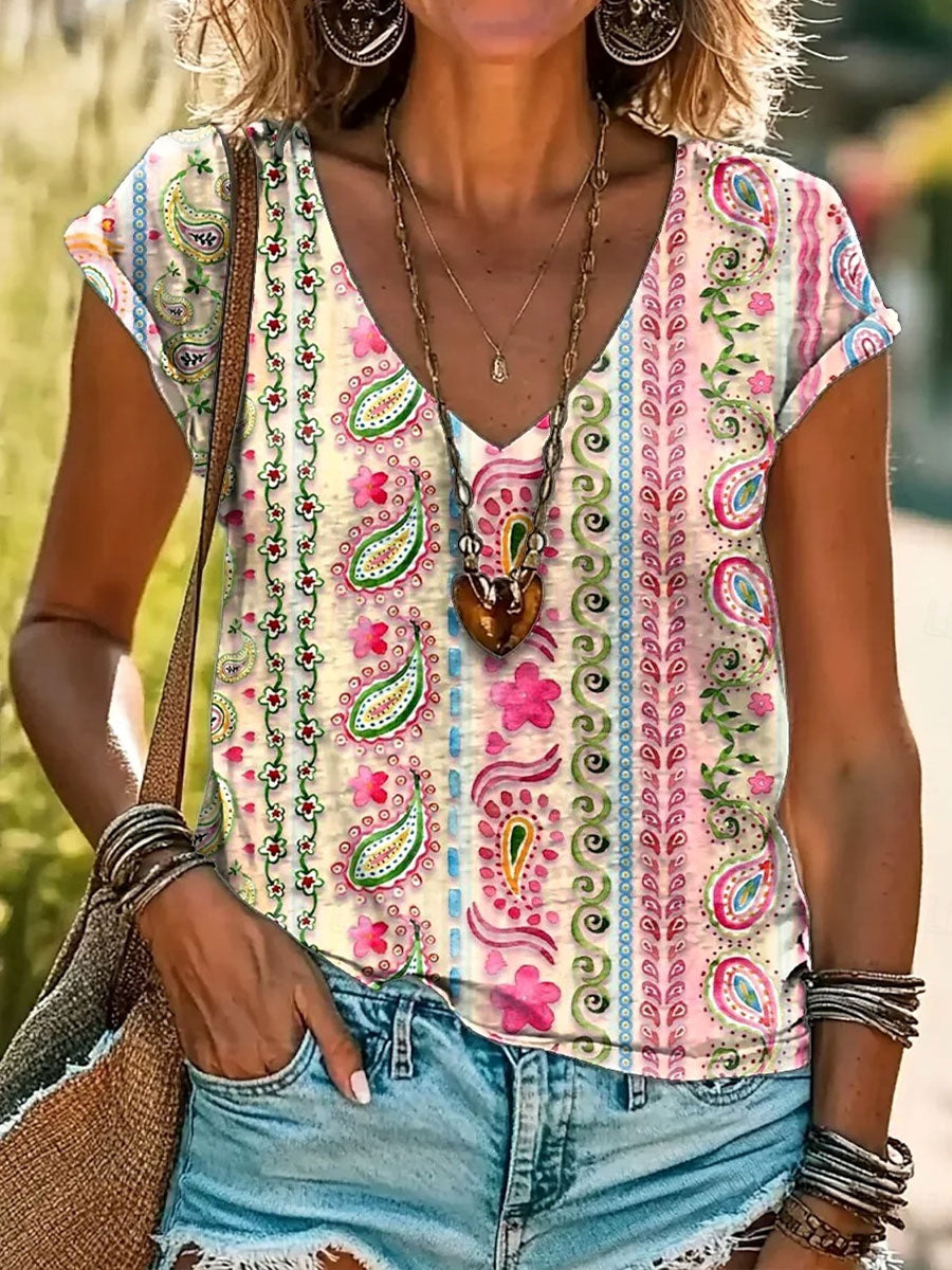Casual T-shirt met V-hals voor dames met bloemenprint