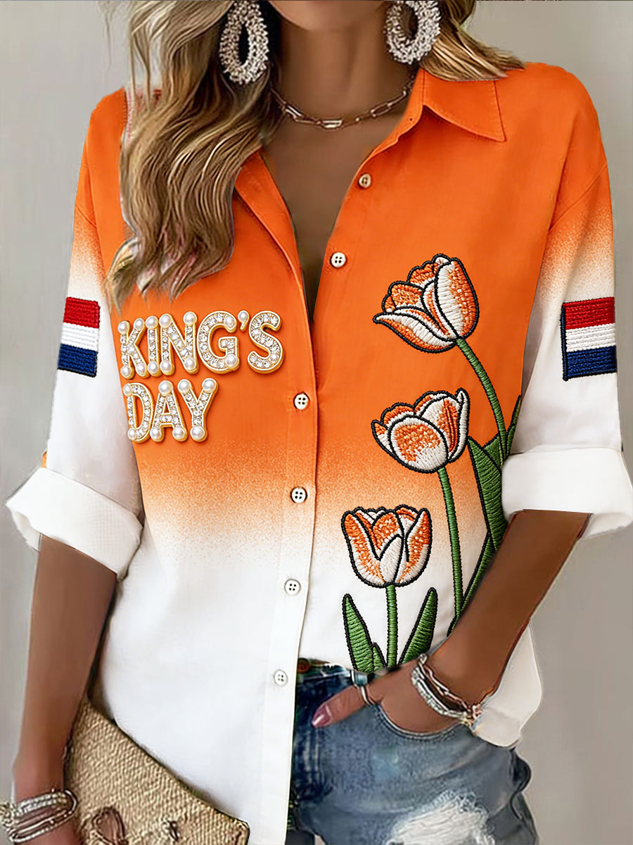 Dames koningsdag tulp gradiënt print casual shirt