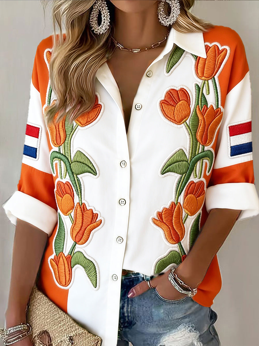 Dames koningsdag tulp patchwork print modieus casual shirt