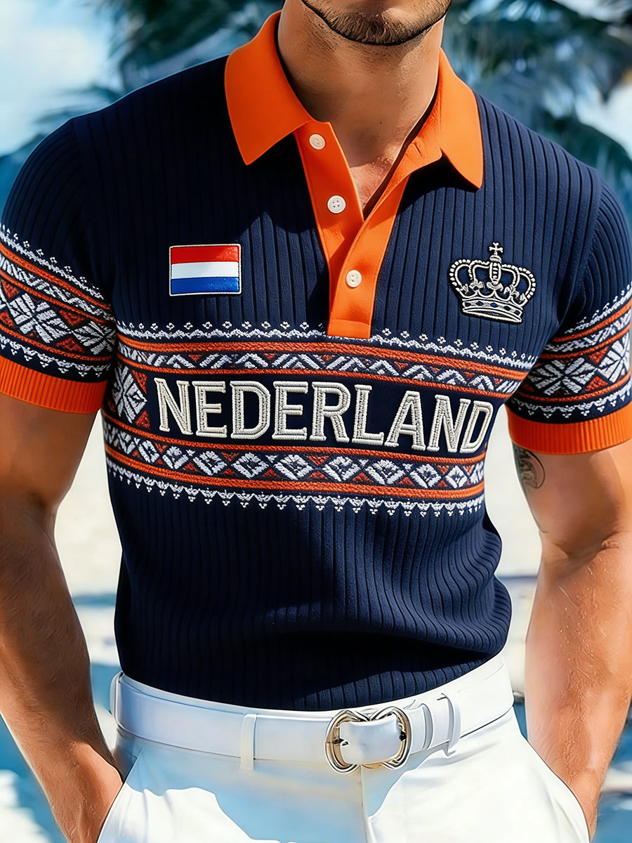 Herenpolo in etnische stijl voor Koningsdag, gebreid