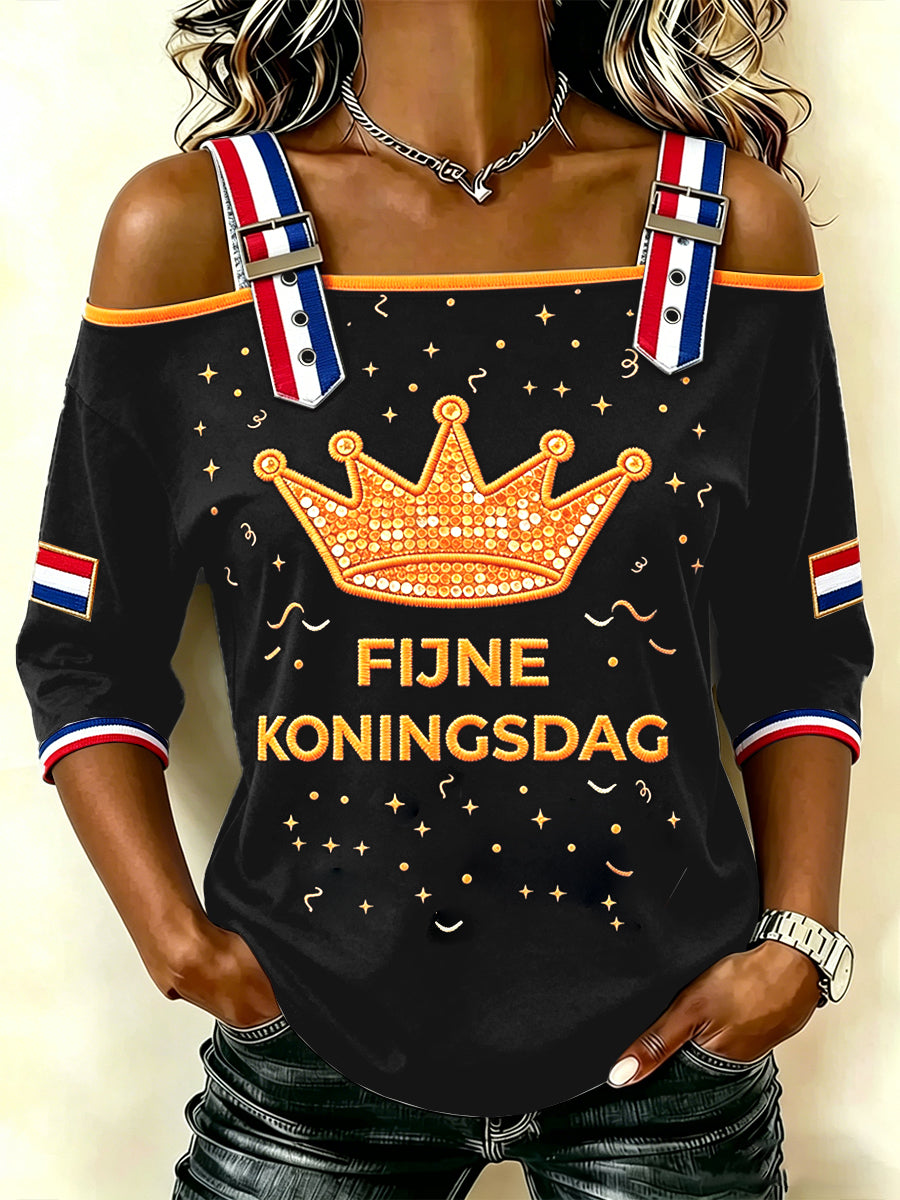 Dames zwarte Nederlandse Koningsdag pailletten print off-the-shoulder strapless mode T-shirt