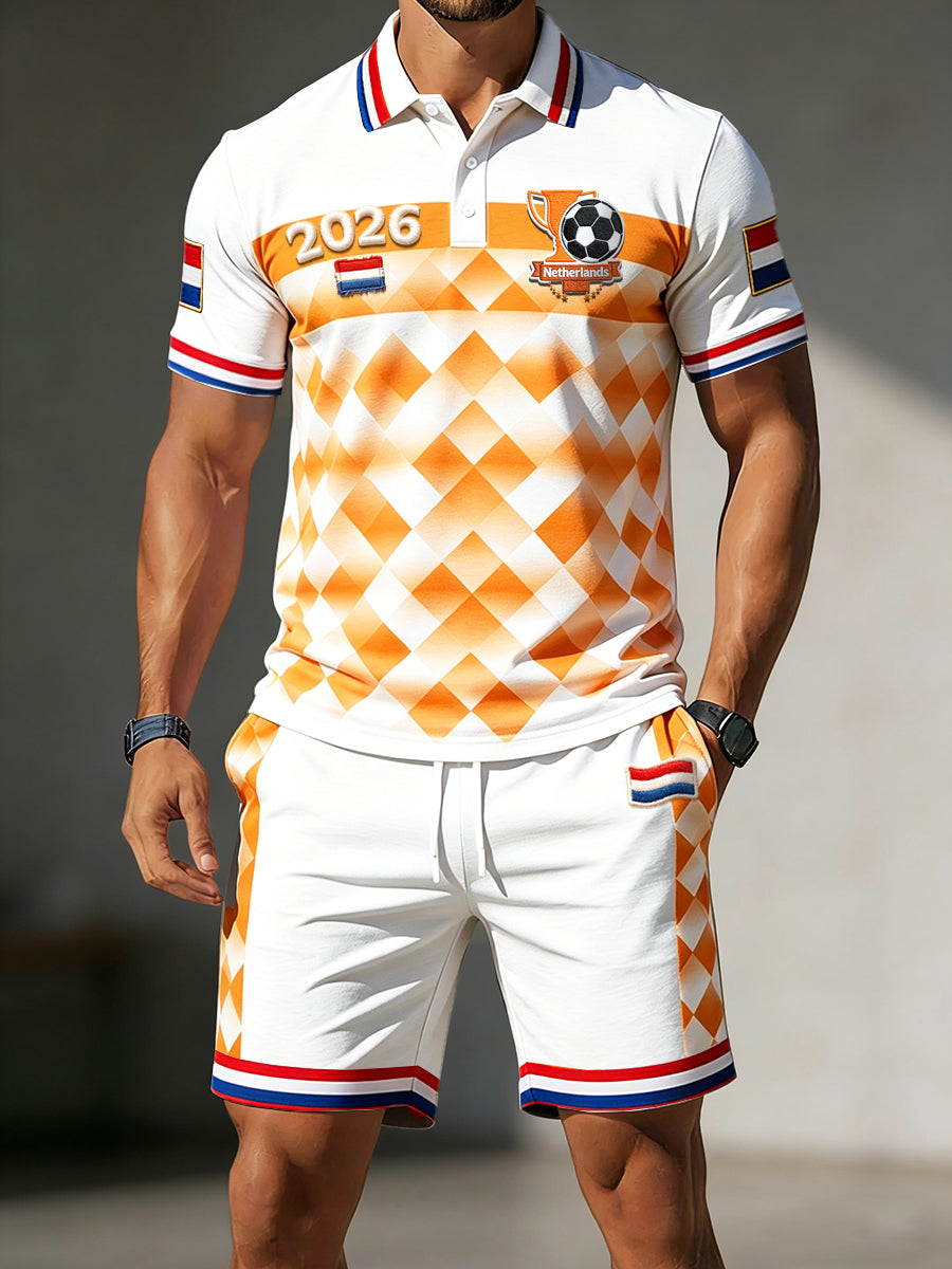 Nederlandse Vintage Geometrische 2026 Football Print Casual Polo Shirt en Shorts Set