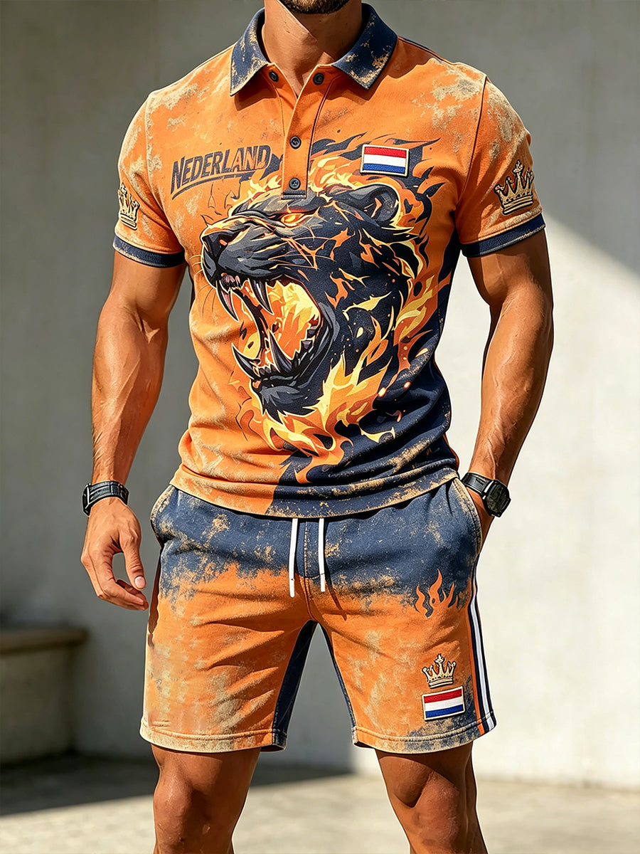 Herenpolo met korte mouwen en shortsset met Koningsdag-thema