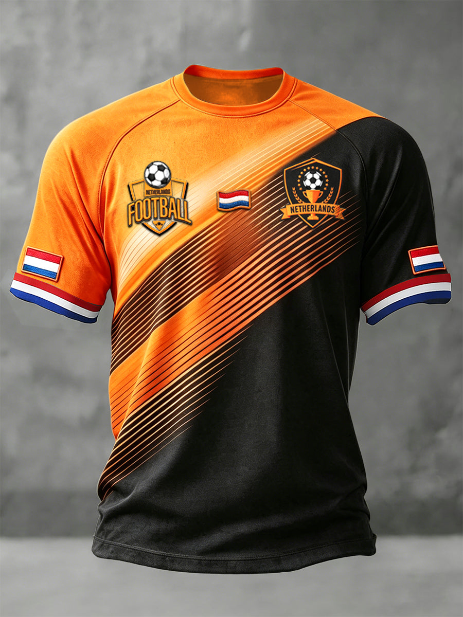 Heren T-shirt met zwarte en oranje gestreepte Nederlandse voetbalprint, casual met vrije schouders