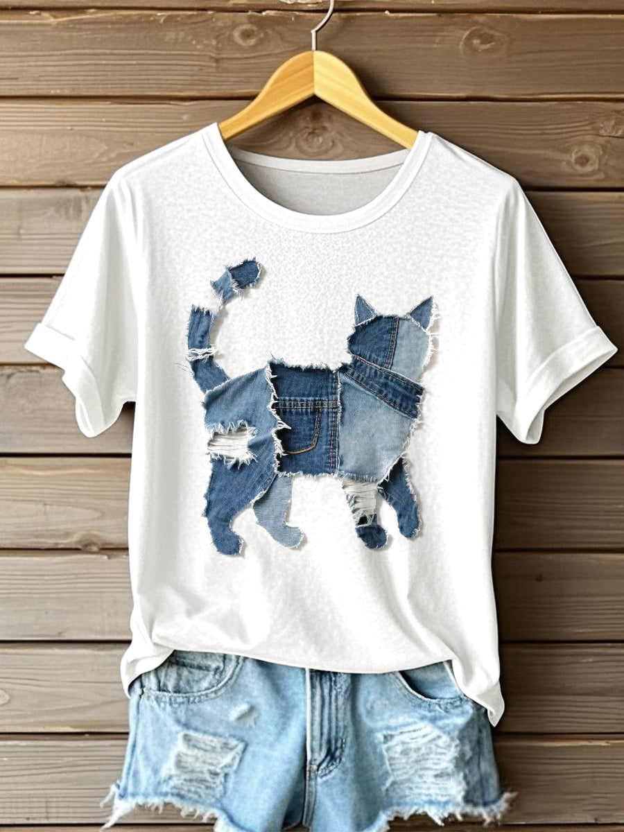Schattige kat denim patchwork kunst T-shirt voor dames