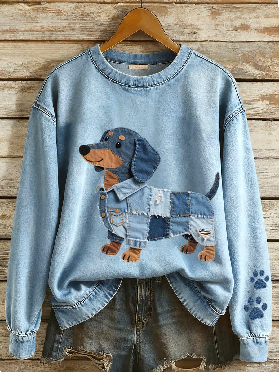 Dames denim patchwork Art Teckel hond patroon Sweatshirt
