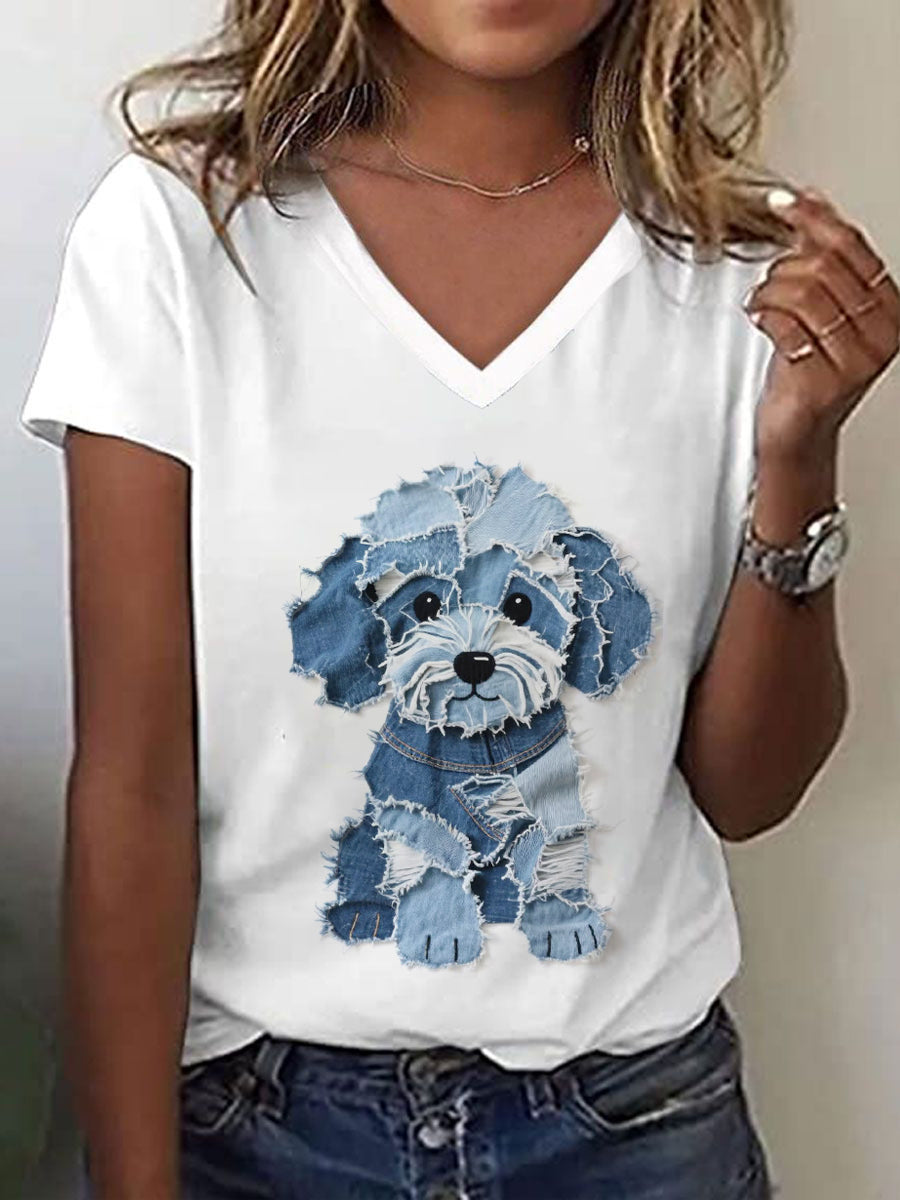 Dames schattig hond patchwork kunst V-hals T-shirt
