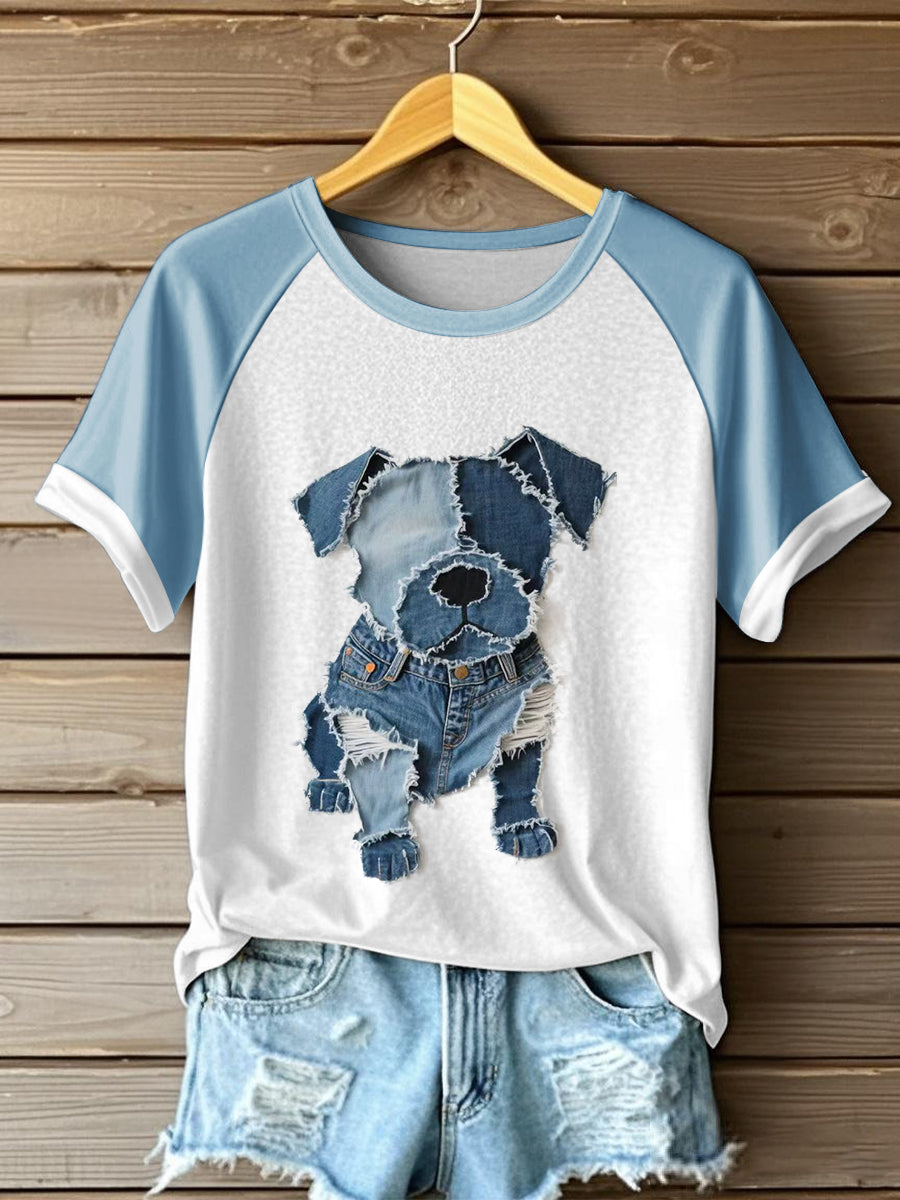Dames schattig hondenpatroon patchwork kunst T-shirt