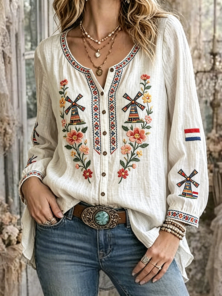Dames vintage Nederlandse windmolen bloemenprint casual katoenen linnen shirt met lange mouwen