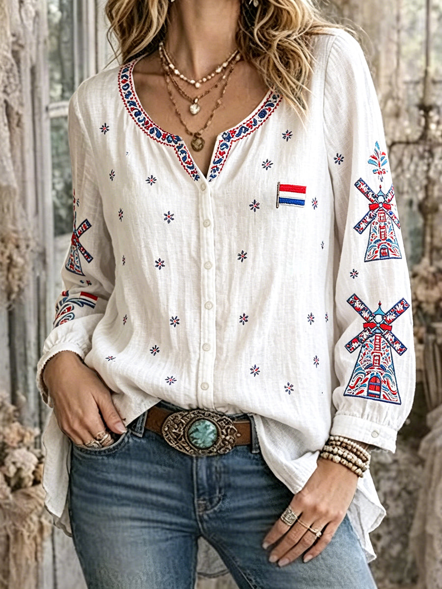 Dames wit Nederlandse windmolenprint casual katoenen linnen overhemd met lange mouwen