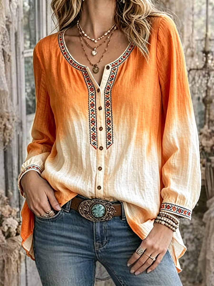 Dames vintage Nederlandse gradiëntprint casual katoenen linnen shirt met lange mouwen