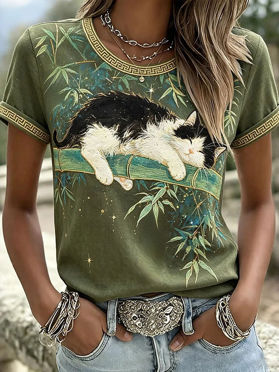 Damescasualt-shirt met katten- en dierenborduurwerk en print