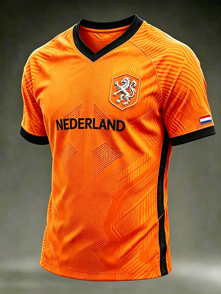 Heren voetbaljersey-stijl bedrukt T-shirt met V-hals en raglanmouwen