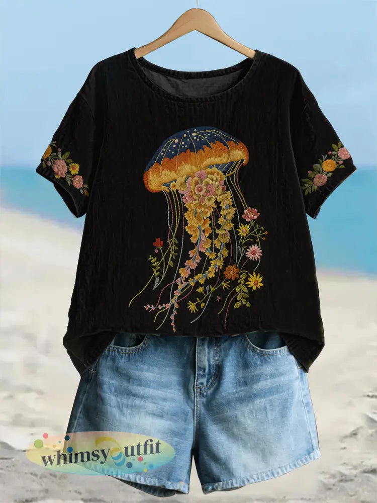 Stijlvolle bloemenkwallen bloemenkunst linnen T-shirt met korte mouwen voor dames - Zwart / S