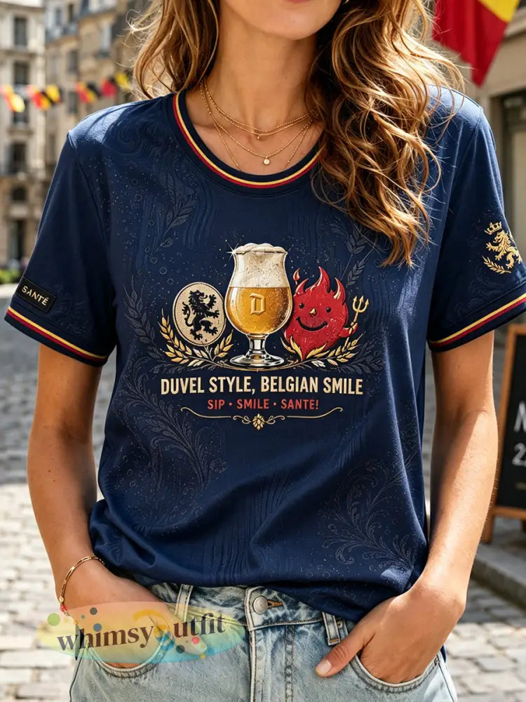 T-shirt met kunstprint van Belgische nationale bieren voor vrouwen - Marineblauw / S
