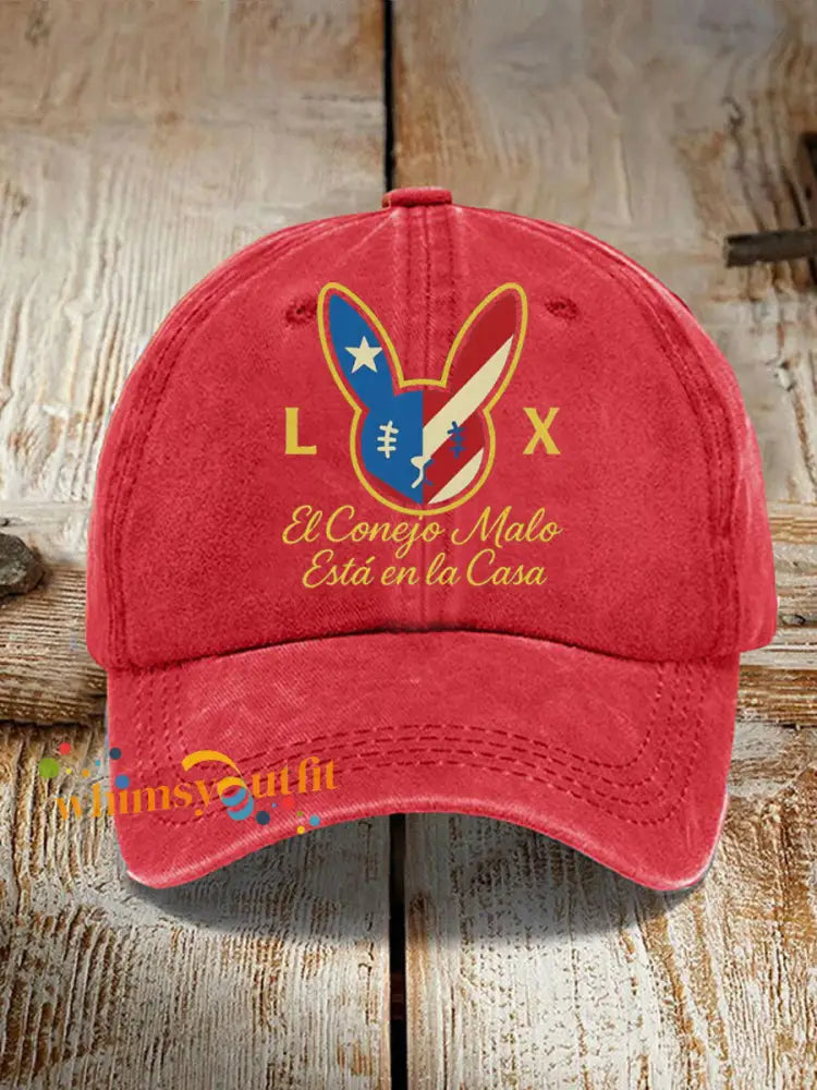 Unisex Bunny Football Music Lover Print Hat Red / ONE