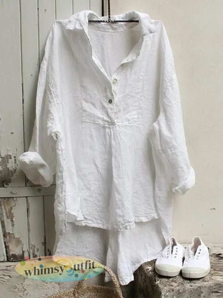 Vintage eenvoudig linnen shirt voor dames - Wit / S