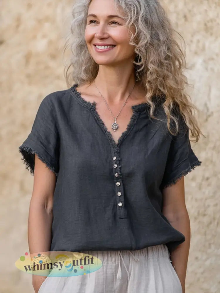 Vintage eenvoudig linnen shirt voor dames - Zwart / S