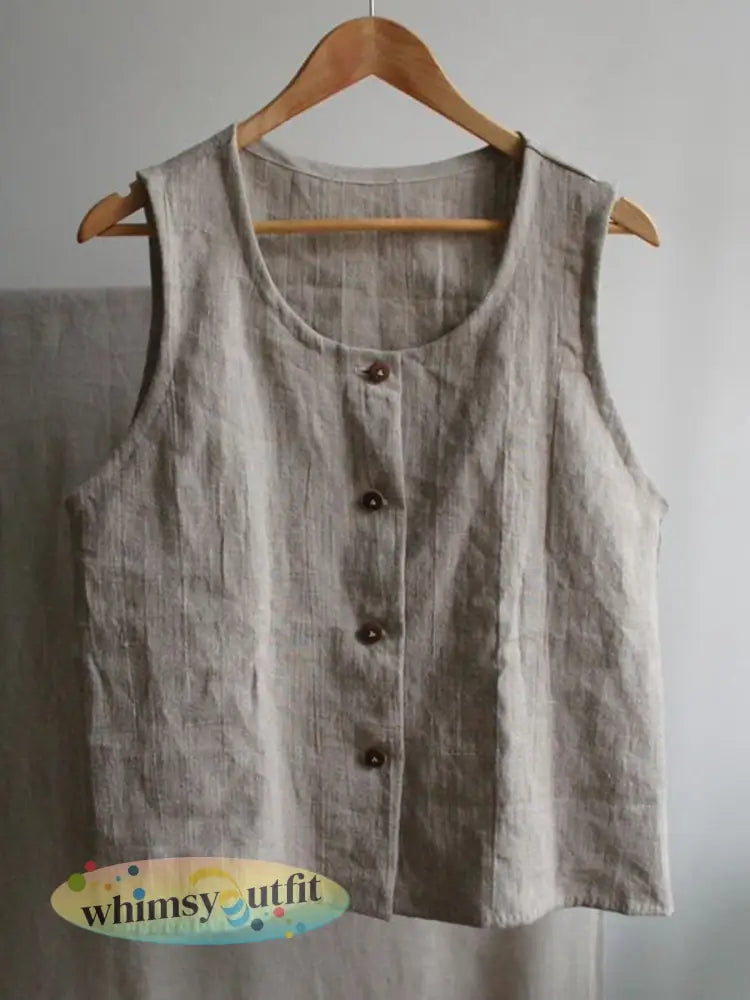 Vintage eenvoudig linnenvest voor dames - kaki / S