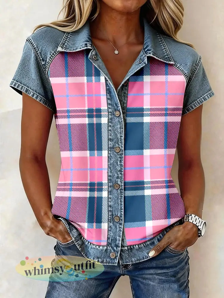 Vintage geruite patroon denim patchwork shirt voor dames - Roze / S