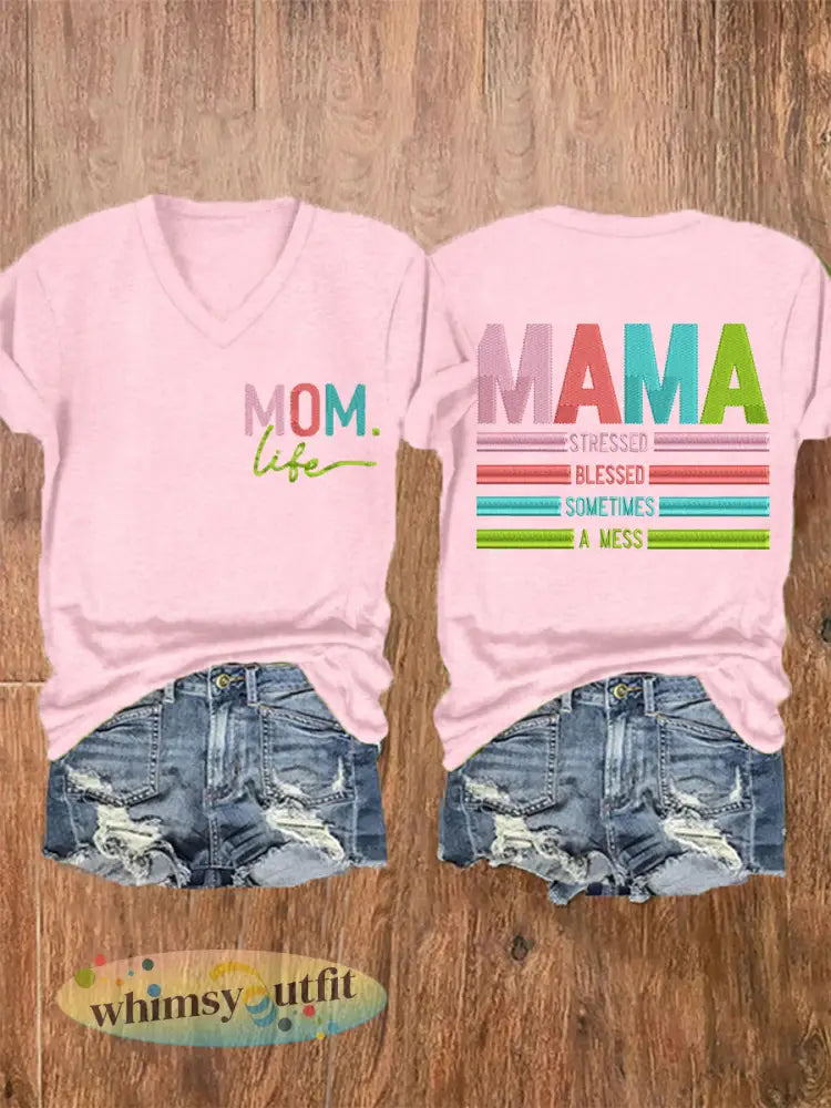Vrouwen Mama Gestrest Gezegend Soms Een Mess Moederdag Gift Casual V-hals Tee - Lichtroze / S