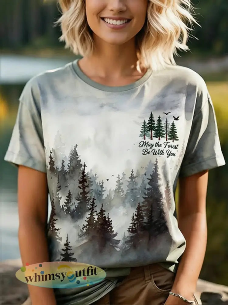 Vrouwen Moge Het Bos Met U Gedrukt Casual T-shirt - Grijs / S