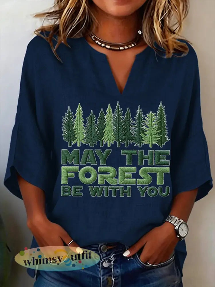 Vrouwen Moge Het Bos Zijn Met U Gedrukte V-hals Shirt - Marineblauw / S