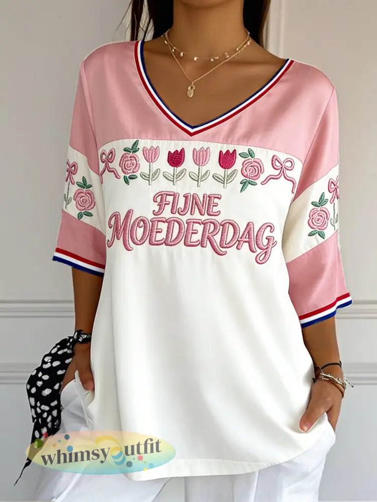Vrouwen Tulp Bloemen Nederlands Patchwork Print Moederdag Cadeau Mode V-hals T-shirt - Wit / S