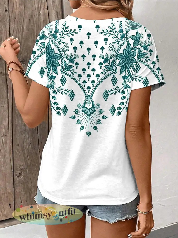 Vrouwen Vintage Bloemenprint Casual V-hals T-shirt