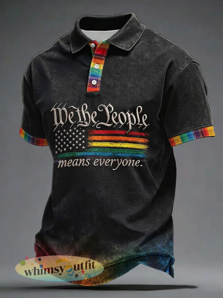’We The People Means Everyone’ voor heren geprint casual top - Zwart / S