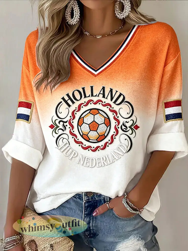 Wit dames-T-shirt met Nederlandse voetbalprint vrijetijdshemd met wafelpatroon en V-hals - Sinaasappel / S