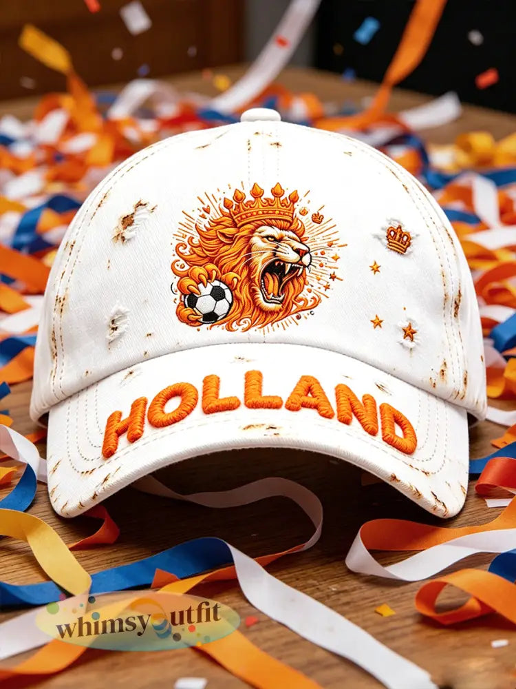 Witte Nederlandse Voetbal Leeuw Retro Print Casual Hoed - Wit / 58CM