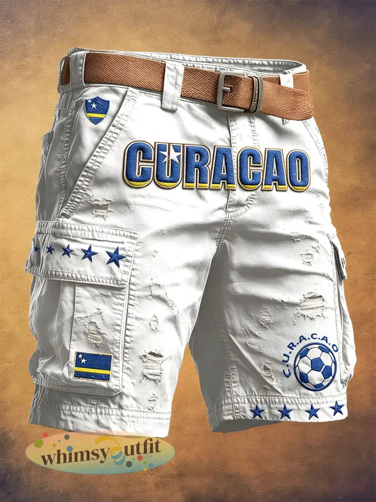 Witte voetbalprint vrijetijdskorte broek voor heren met Curacao-thema - Wit / S