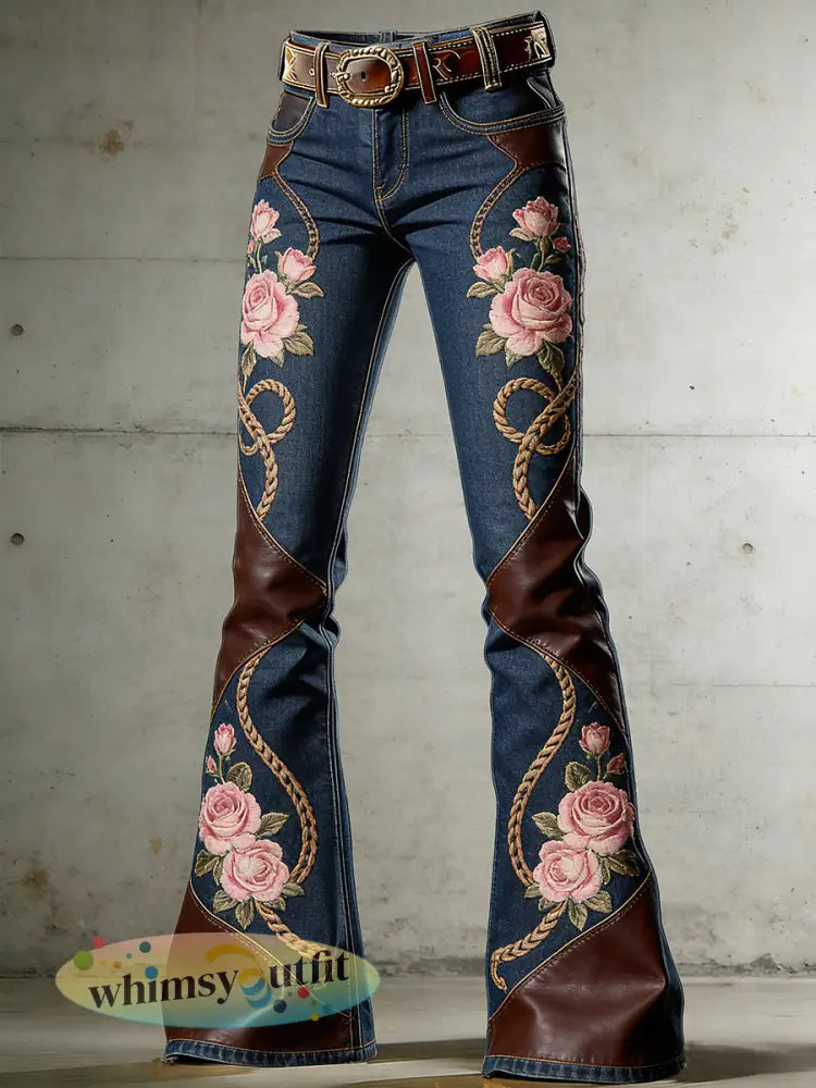 Women westernbloemen kunstprint uitlopende broek - Marineblauw / S