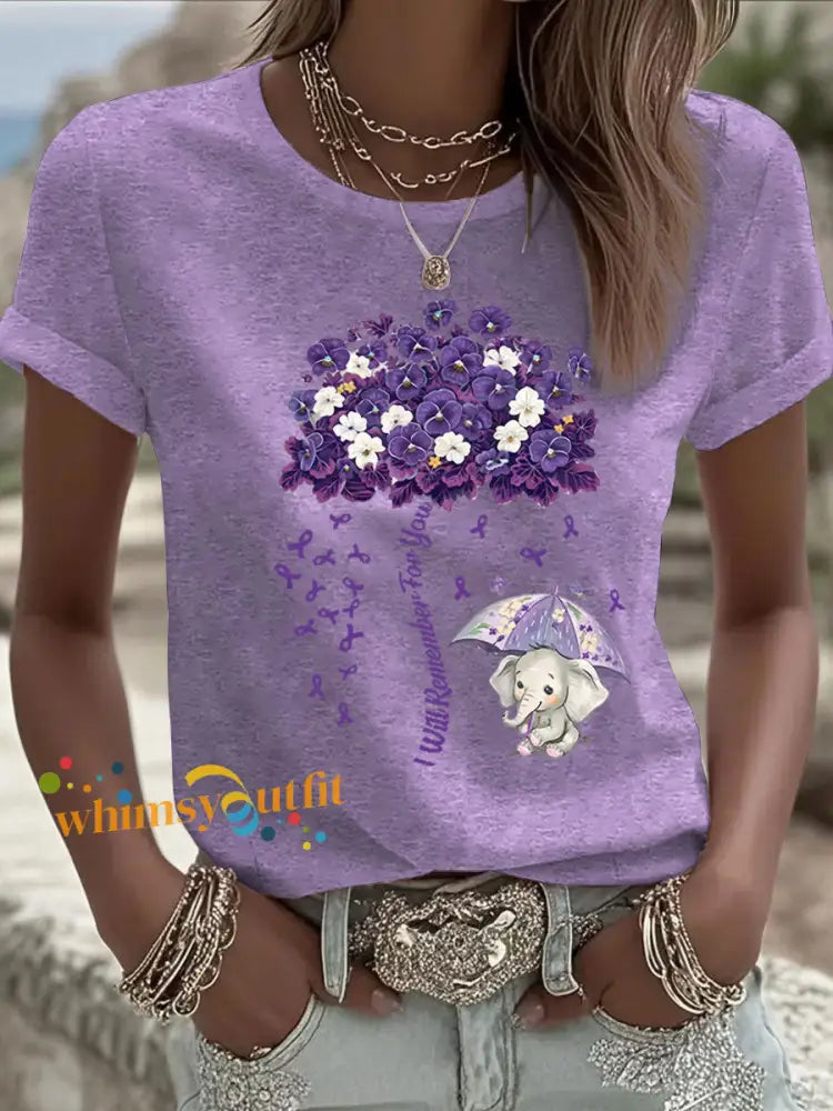 Women’s Alzheimer’s Awareness Purple Floral Print Casual T Shirt Light Purple / S