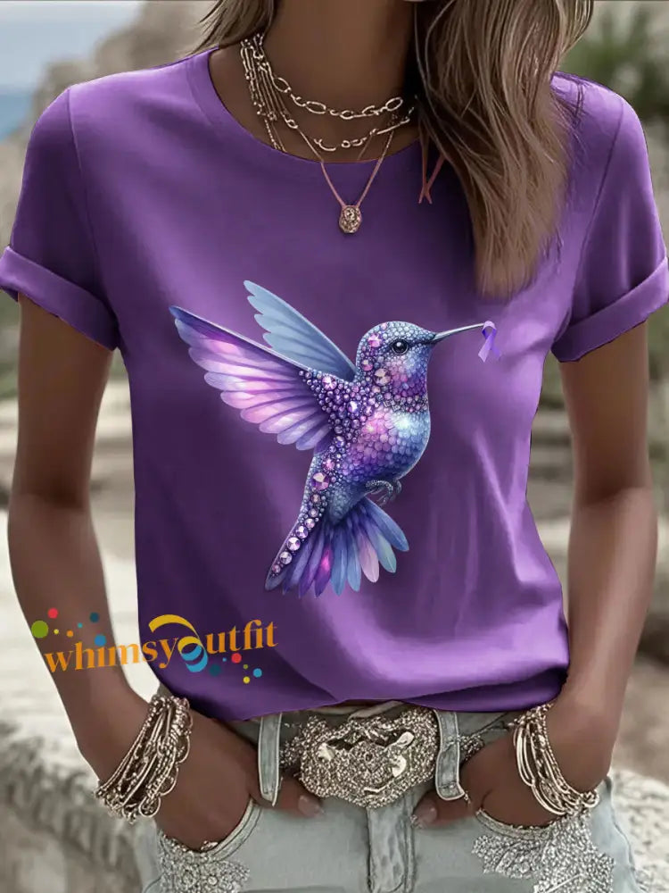 Women’s Alzheimer’s Awareness Purple Hummingbird T Shirt Deep Purple / S