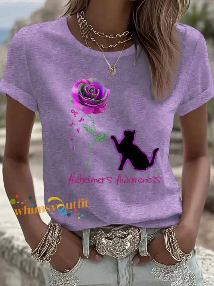 Women’s Alzheimer’s Awareness Purple Ribbon Print Casual T Shirt Light Purple / S