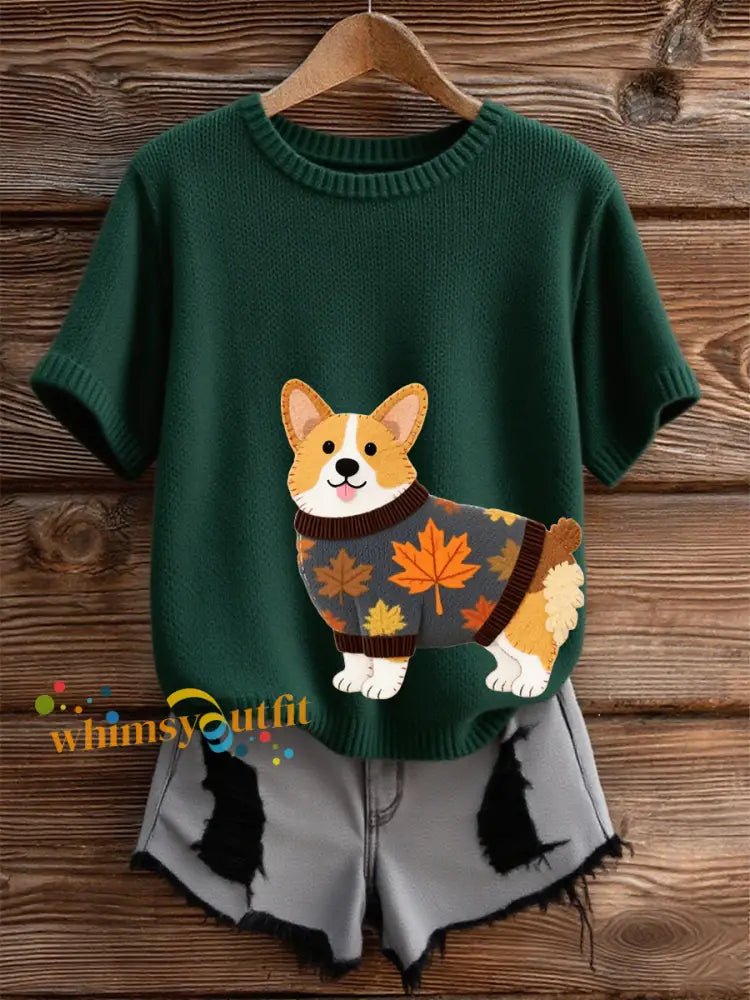 Women’s Autumn Dog Art Print O Neck Short Sleeve T shirt Dark Green / S