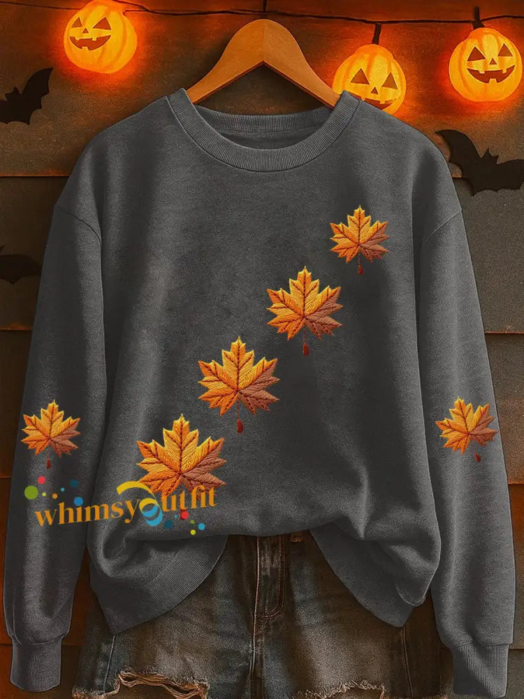 Women’s Autumn Maple Leaf Print Casual Sweatshirt Dark Gray / S